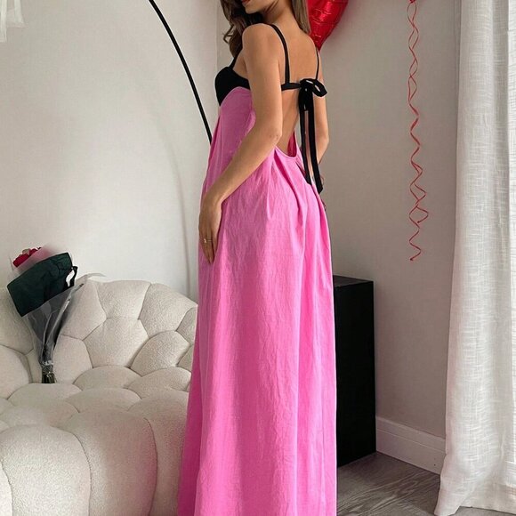 Multicolor Casual Women's Contrast Color Pleated Loose Maxi Slip Dress - Picture 2 of 6